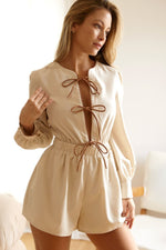 Linen Bow Long Sleeve Romper