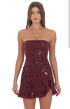 Burgundy Strapless Floral Sequin Dress