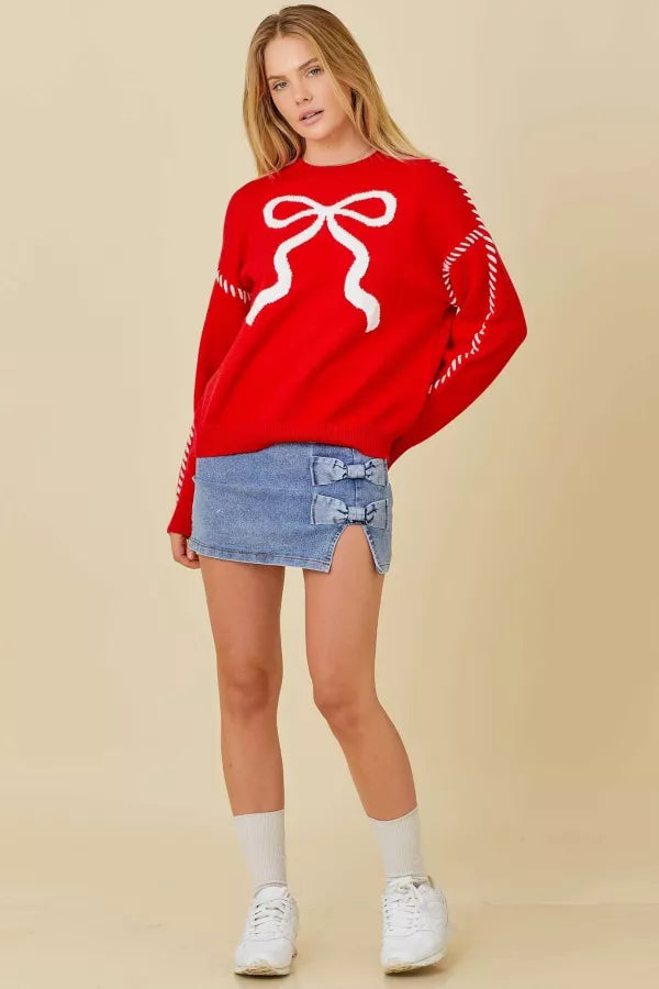 Red and White Coquette Bow Sweater