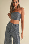 Embellished Sparkle Denim Crop Tube Top