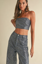 Embellished Sparkle Denim Crop Tube Top