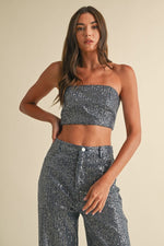 Embellished Sparkle Denim Crop Tube Top