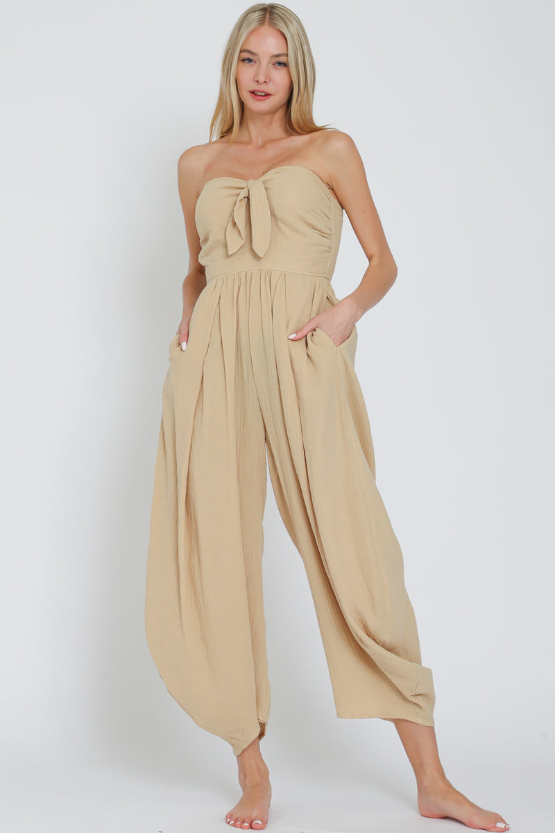 Tube Tie Front Khaki Jumpsuit