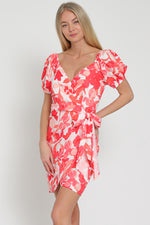 Coral/White Puff Sleeve Shortie Dress