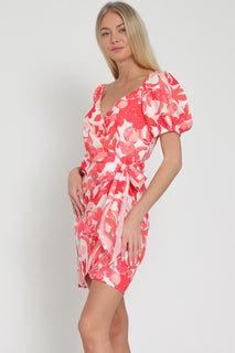 Coral/White Puff Sleeve Shortie Dress