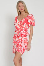 Coral/White Puff Sleeve Shortie Dress