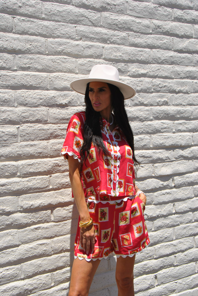 Red Linen Short Sleeve Blouse