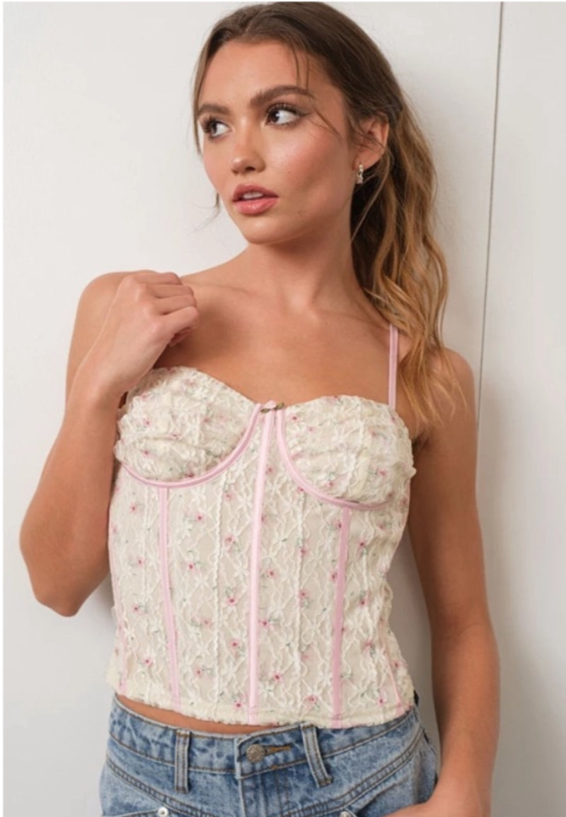 Yellow Floral Lace Trim Bustier Top