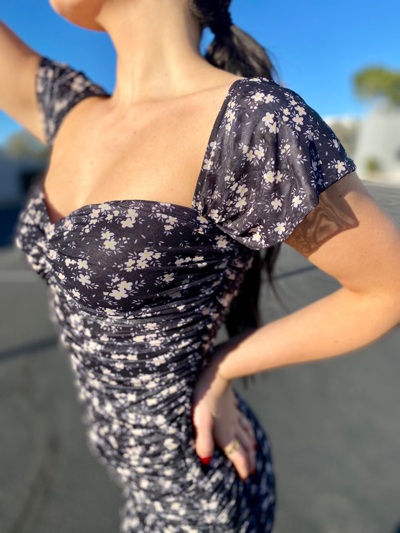 Navy Floral Off Shoulder Dress