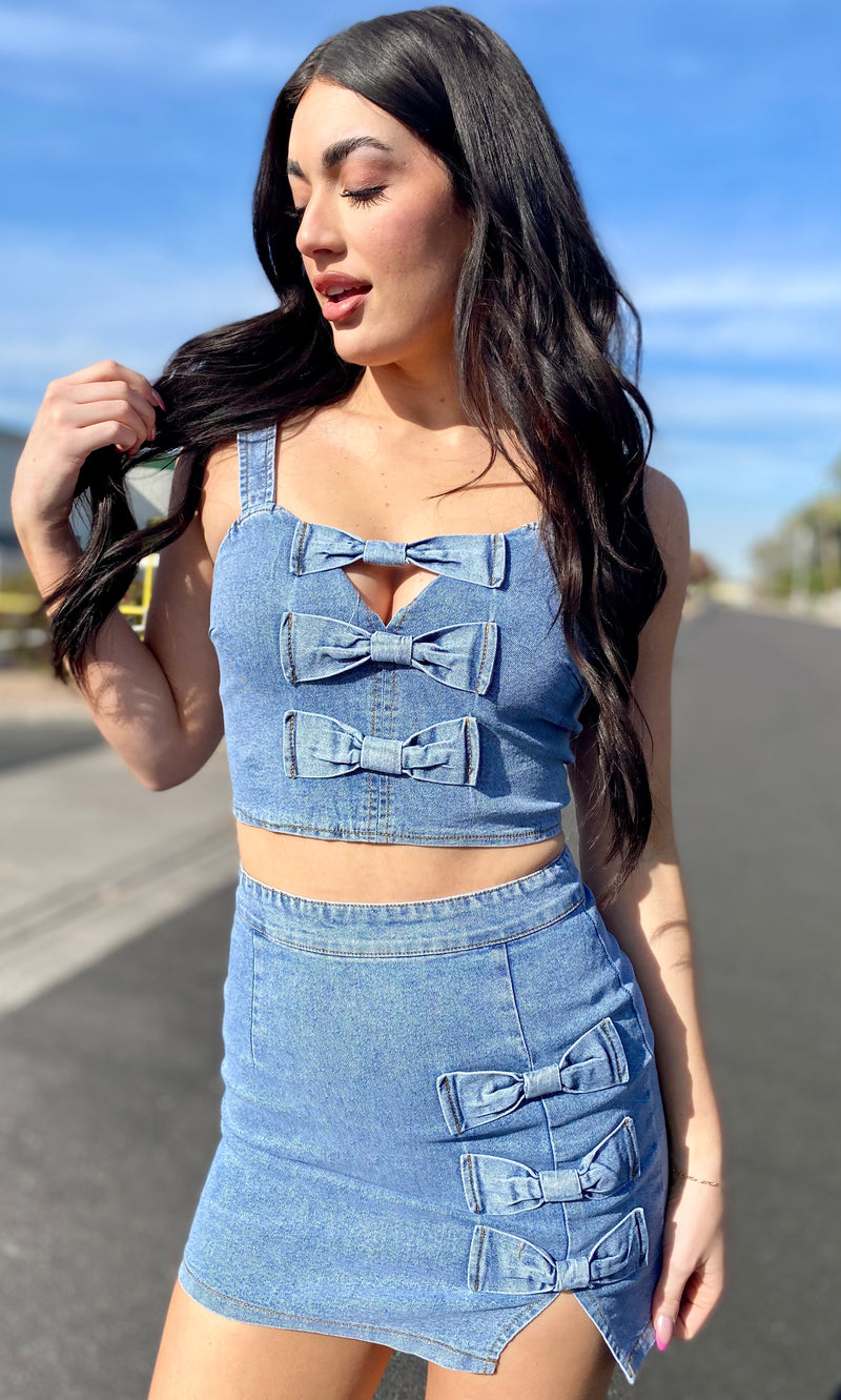 Denim Crop Top w/Ribbon Bow Detail