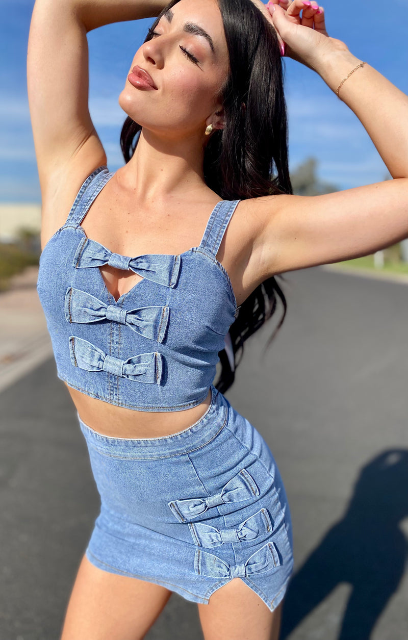 Denim Crop Top w/Ribbon Bow Detail