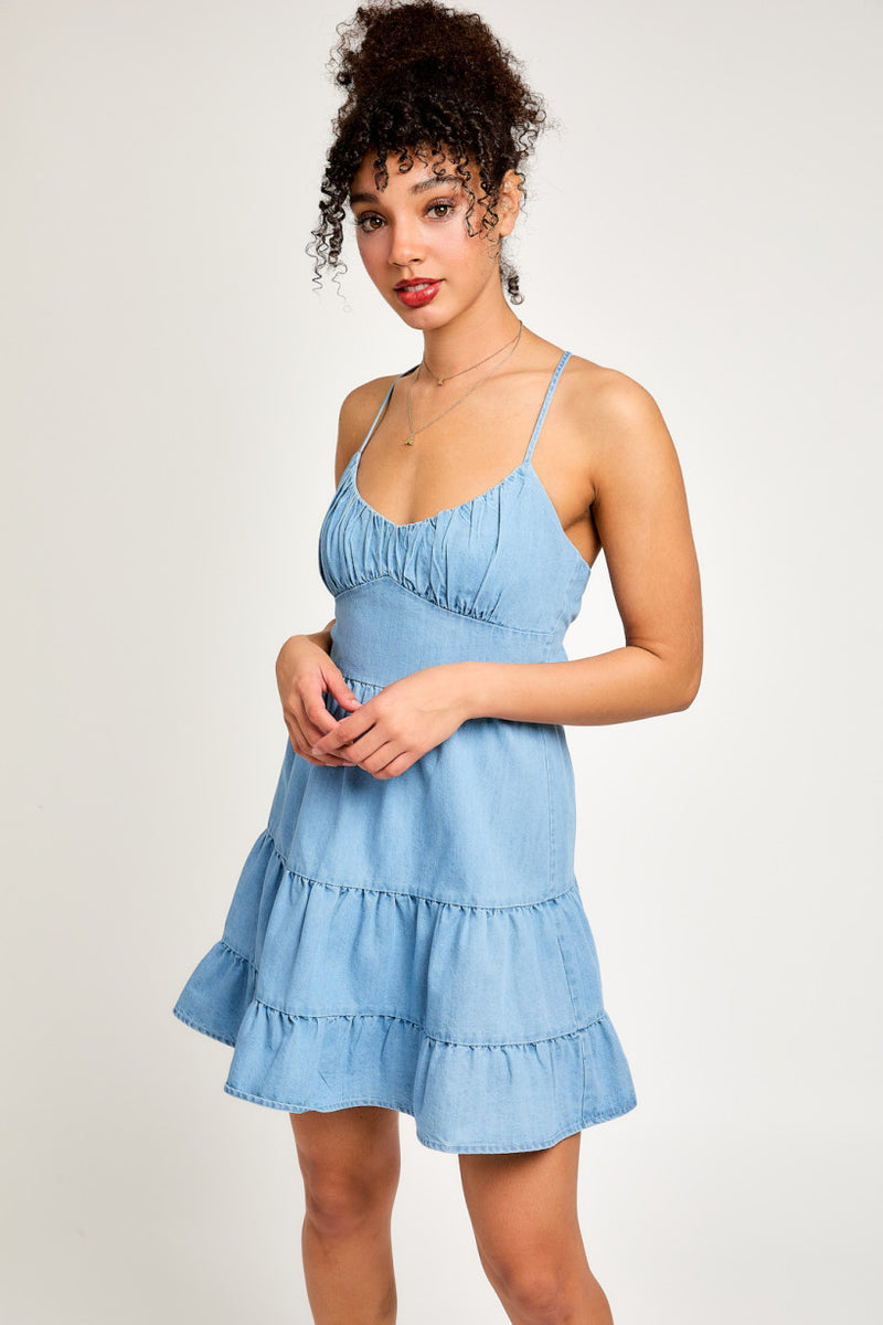 Strappy Back Tiered Denim Shortie Dress