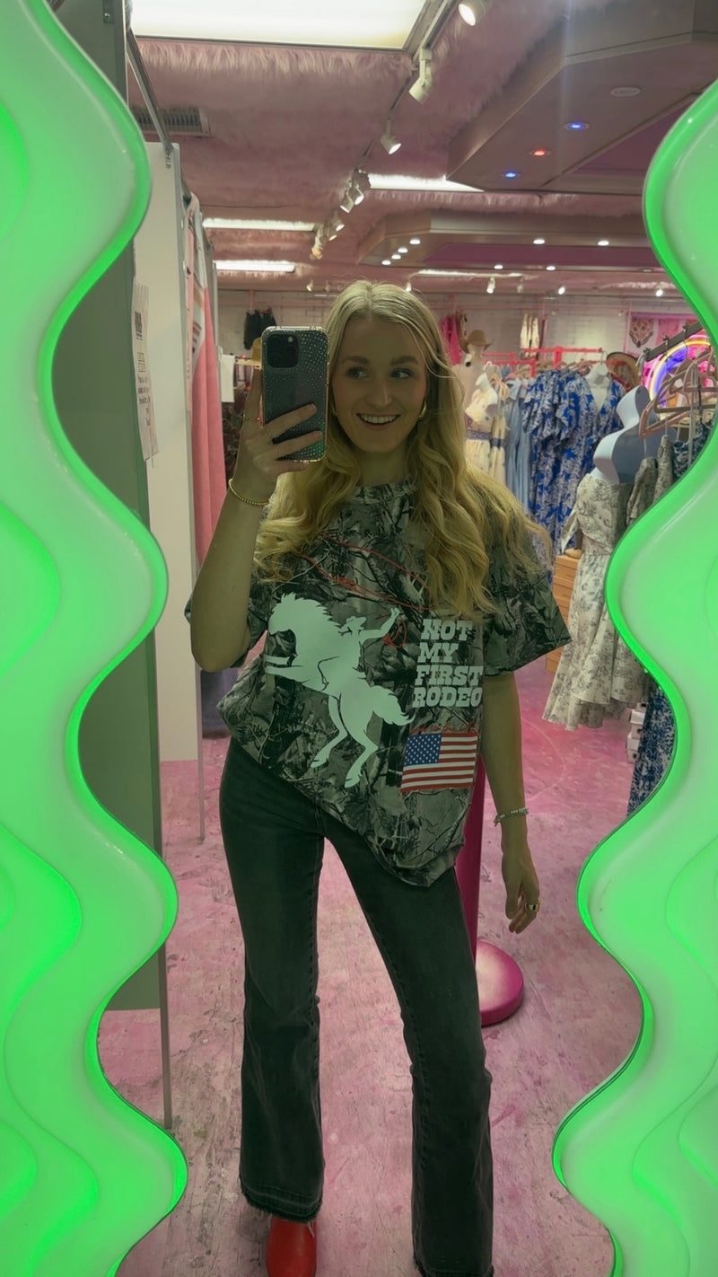 Not My First Rodeo Cowboy Silver Real Tree Camo Oversized Tee