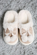 FAUX SUEDE W/ FUZZY BOW & POM-POMS LUXURY SOFT SLIPPERS