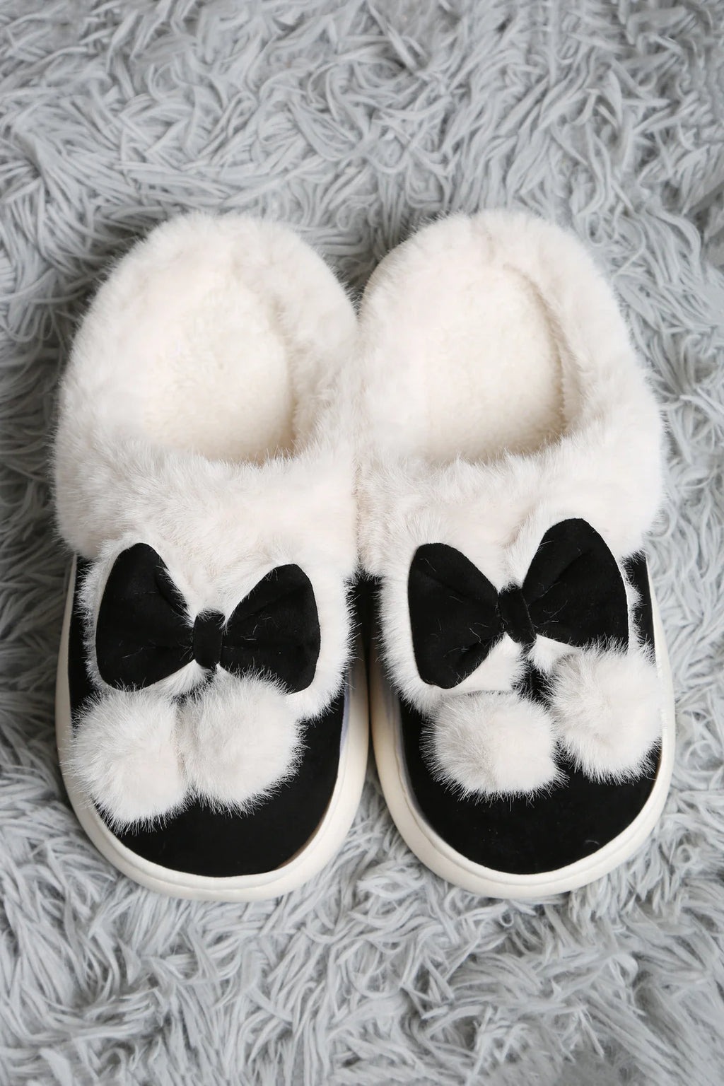 FAUX SUEDE W/ FUZZY BOW & POM-POMS LUXURY SOFT SLIPPERS