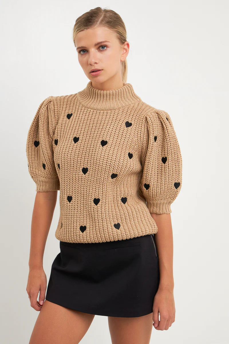 Beige w/Black Hearts Mock Neck Sweater