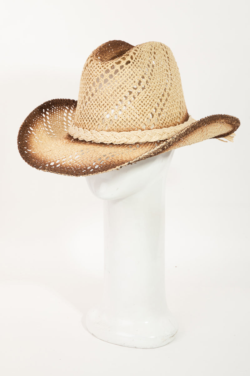 Khaki Braided Ribbon Straw Cowboy Hat
