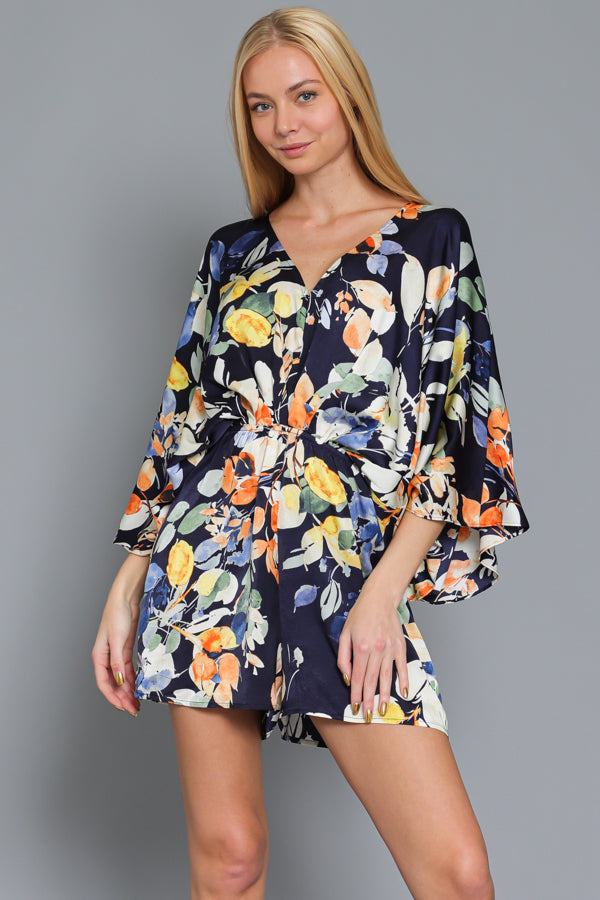 Kimono Sleeve Tie Back Navy Romper