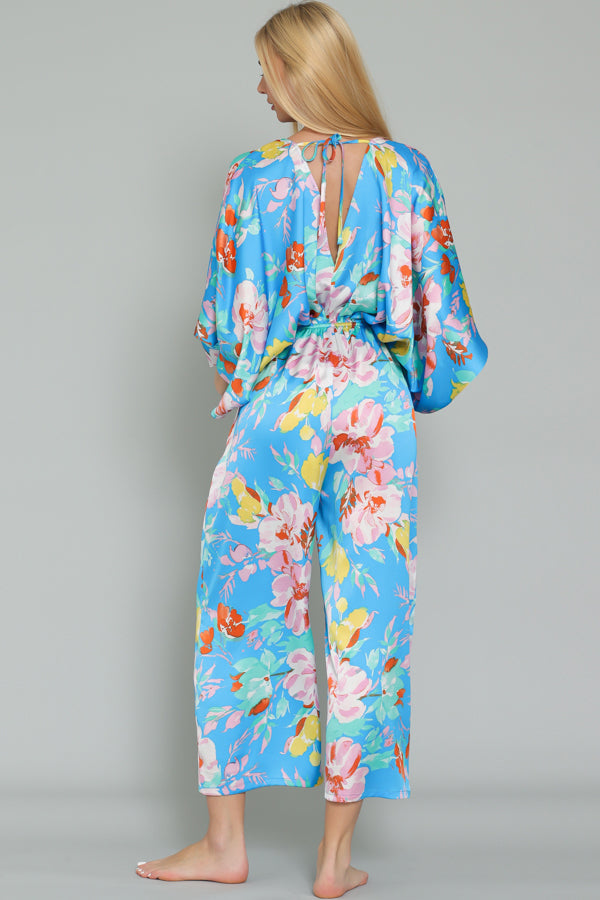 Kimono Sleeve Blue Floral Jumpsuit