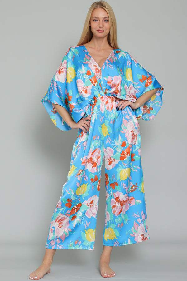 Kimono Sleeve Blue Floral Jumpsuit