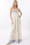 Ivory/Blue Elastic Smocked Jumpsuit