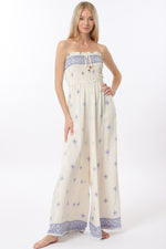 Ivory/Blue Elastic Smocked Jumpsuit