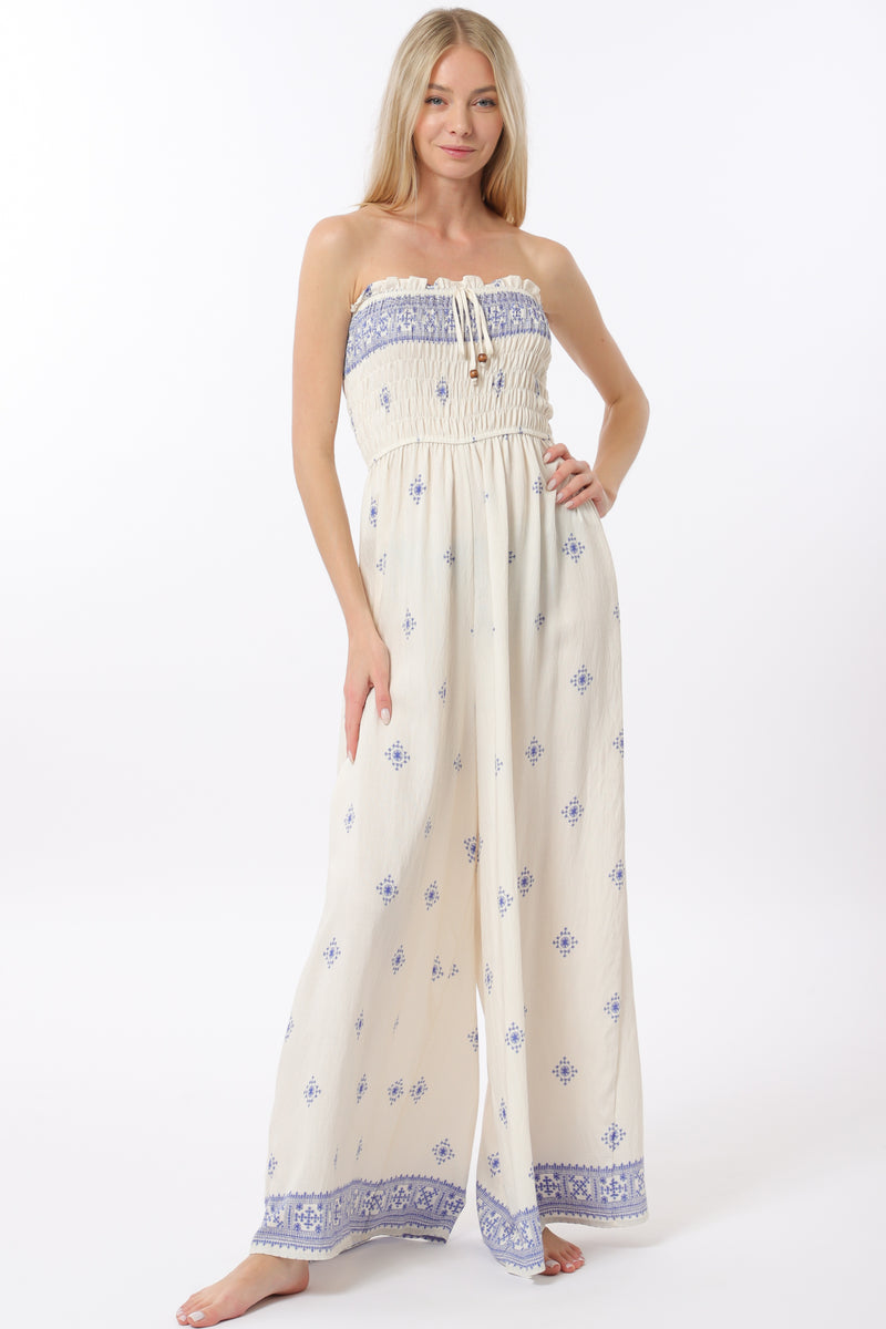 Ivory/Blue Elastic Smocked Jumpsuit
