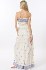 Ivory/Blue Elastic Smocked Jumpsuit