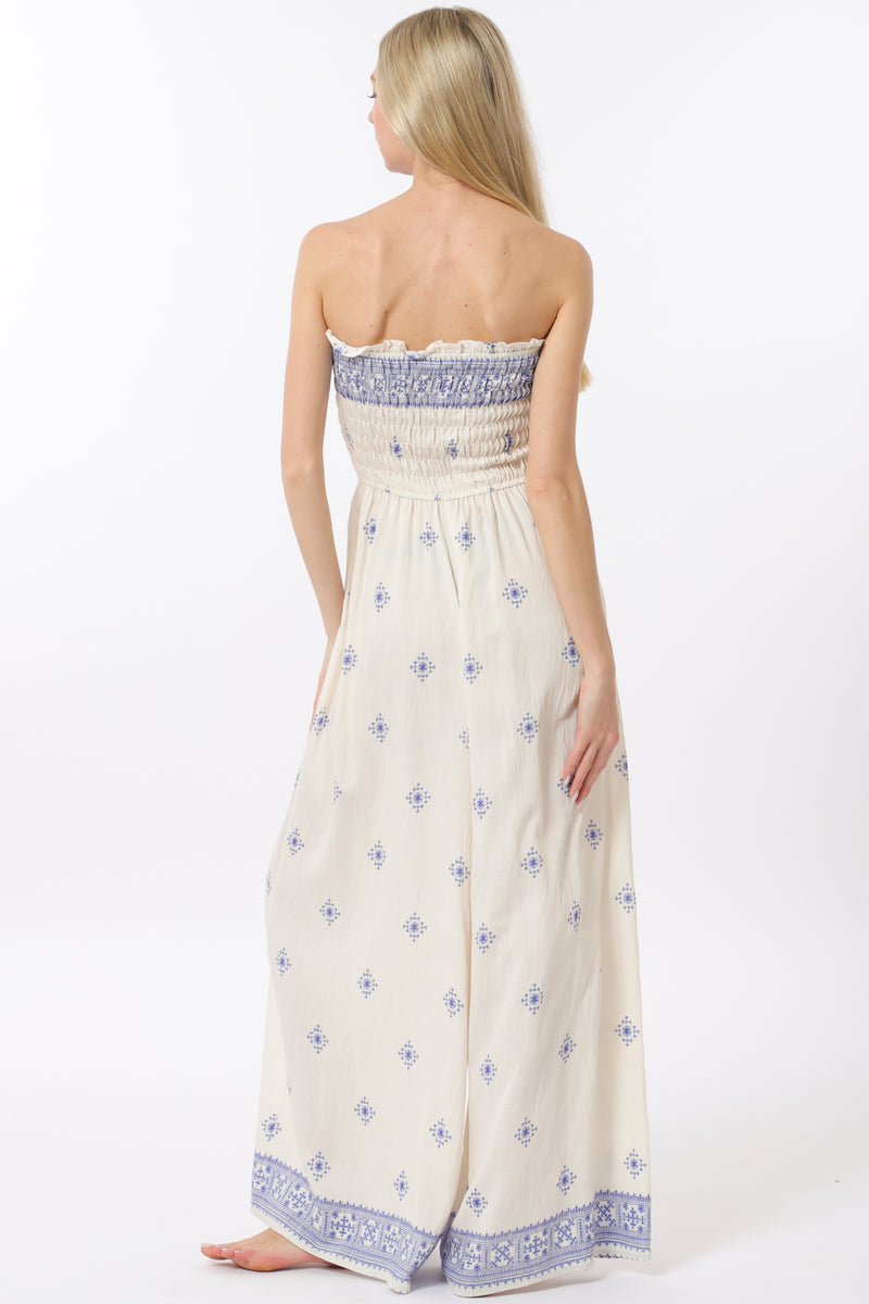 Ivory/Blue Elastic Smocked Jumpsuit