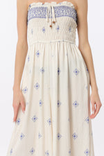 Ivory/Blue Elastic Smocked Jumpsuit