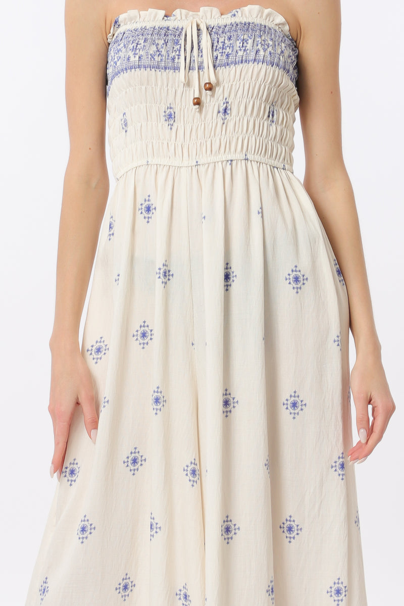 Ivory/Blue Elastic Smocked Jumpsuit