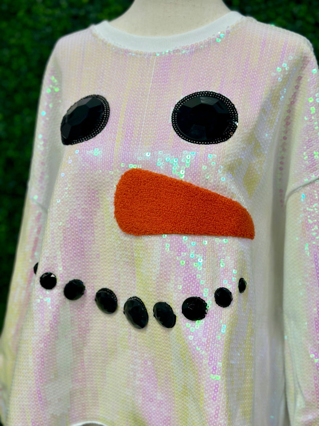 White Sequin Snowman Face Sweatshirt
