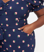 Unique Vintage Navy & Pink Strawberry Stamp Belted Jumpsuit