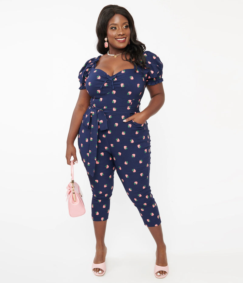 Unique Vintage Navy & Pink Strawberry Stamp Belted Jumpsuit