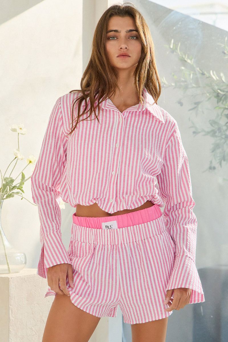 Striped Seersucker Crop Shirt Top