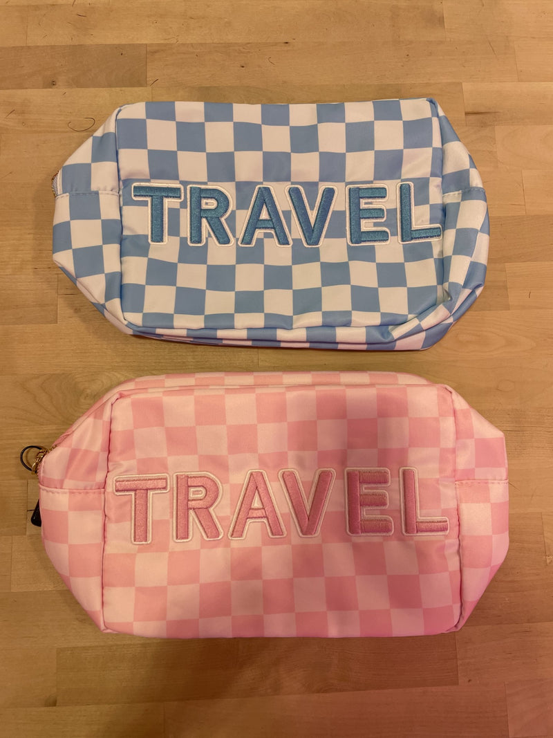 Checkered Makeup Bag Blue Travel XL