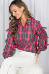 Bow Accent Puff Sleeve Collared Neck Plaid Shirt