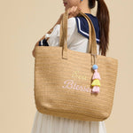Sea Blessed Embroidered Raffia Tote Bag with Tassel Charm