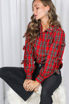 Bow Accent Puff Sleeve Collared Neck Plaid Shirt