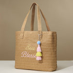 Sea Blessed Embroidered Raffia Tote Bag with Tassel Charm