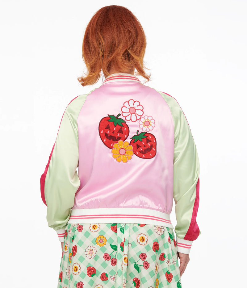 Unique Vintage Pink & Green Bite Me Satin Bomber Jacket