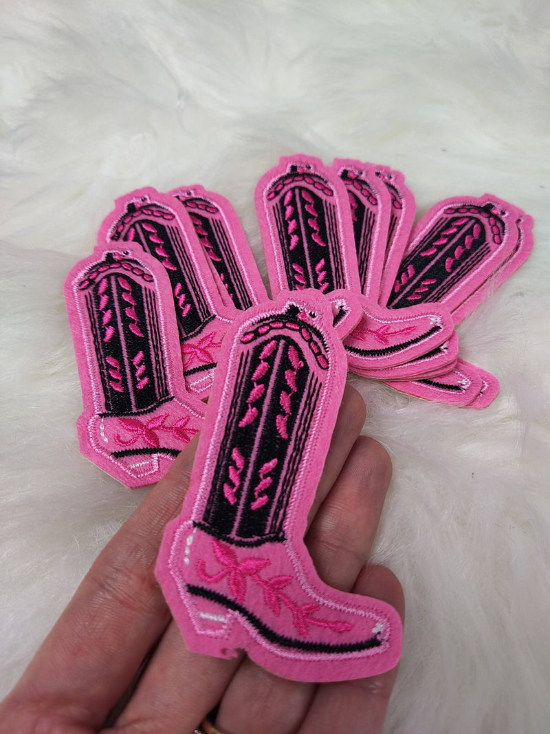Pink and Black Cowgirl Boot Felt Embroidery Iron On Patch