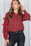 Bow Accent Puff Sleeve Collared Neck Plaid Shirt