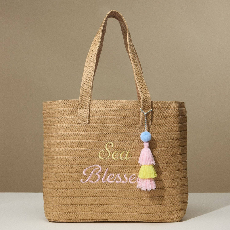 Sea Blessed Embroidered Raffia Tote Bag with Tassel Charm