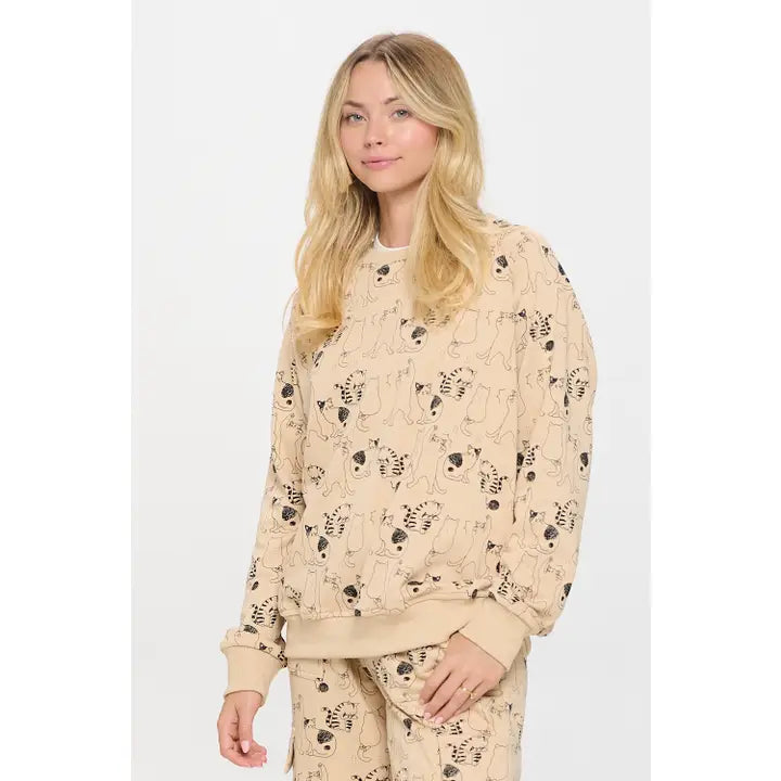 All Over Cat Print Tan Sweatshirt ottm