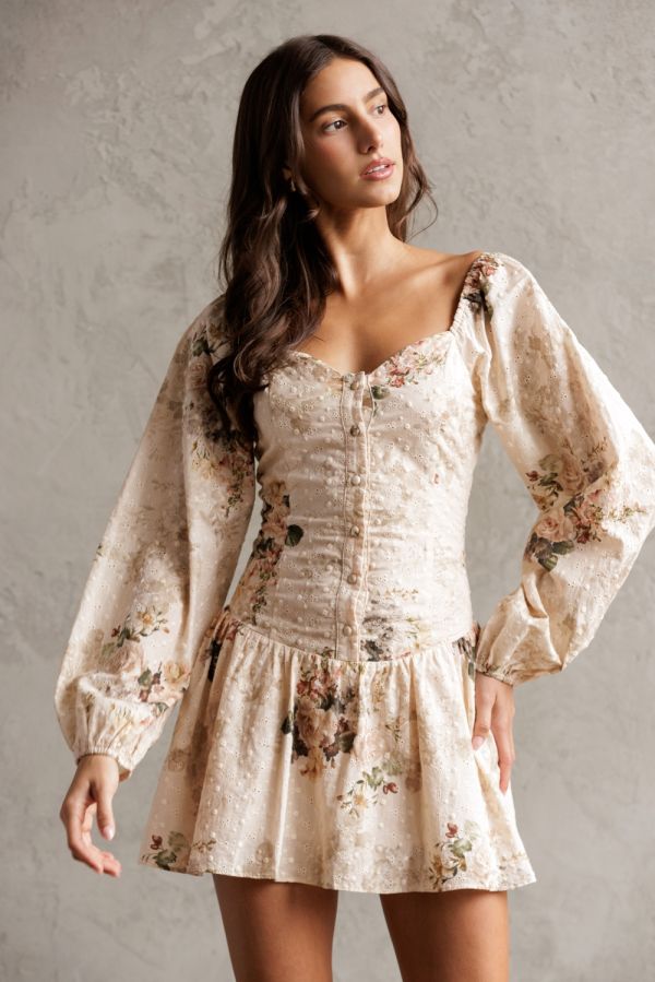 Beige Floral Vintage Rose Shortie Dress