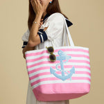 Terry Stripe Print and Anchor Patched Large Size Beach Tote