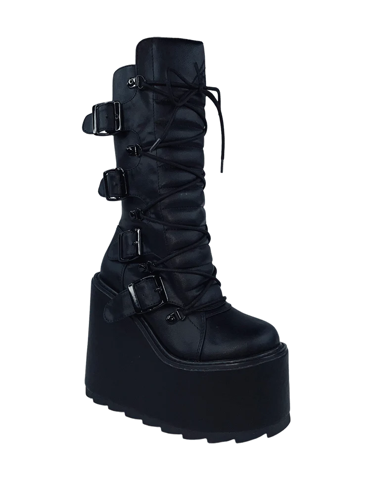 Dune Moto Black Wedge Boot