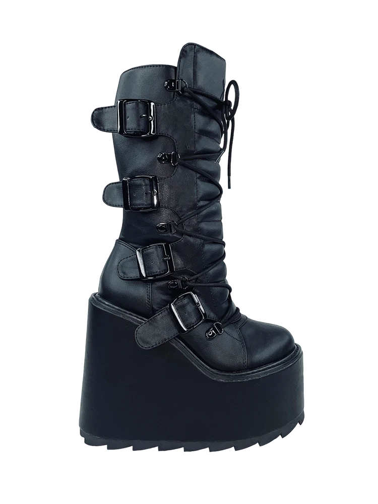 Dune Moto Black Wedge Boot