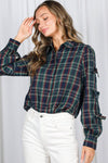 Bow Accent Puff Sleeve Collared Neck Plaid Shirt